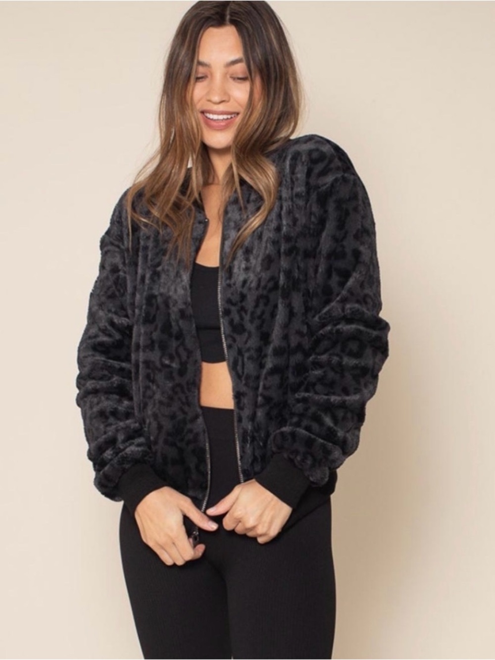 SpiritHoods Slate Leopard ULTRA SOFT Faux Fur Bomber Jacket gray size Medium